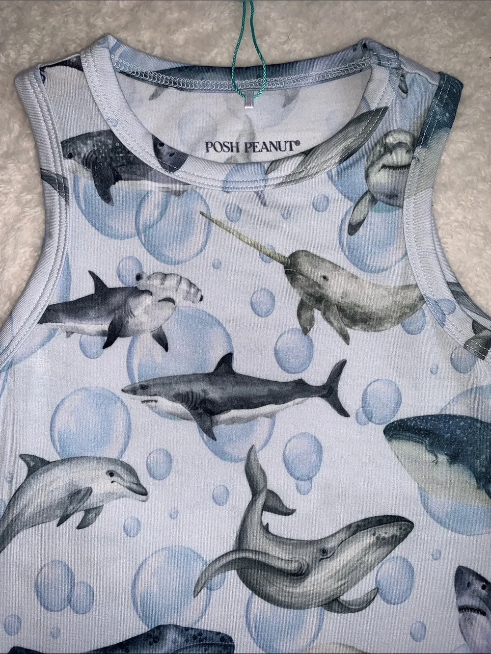 NWT Posh Peanut Sharkly Racerback Romper 12-18M Sharks